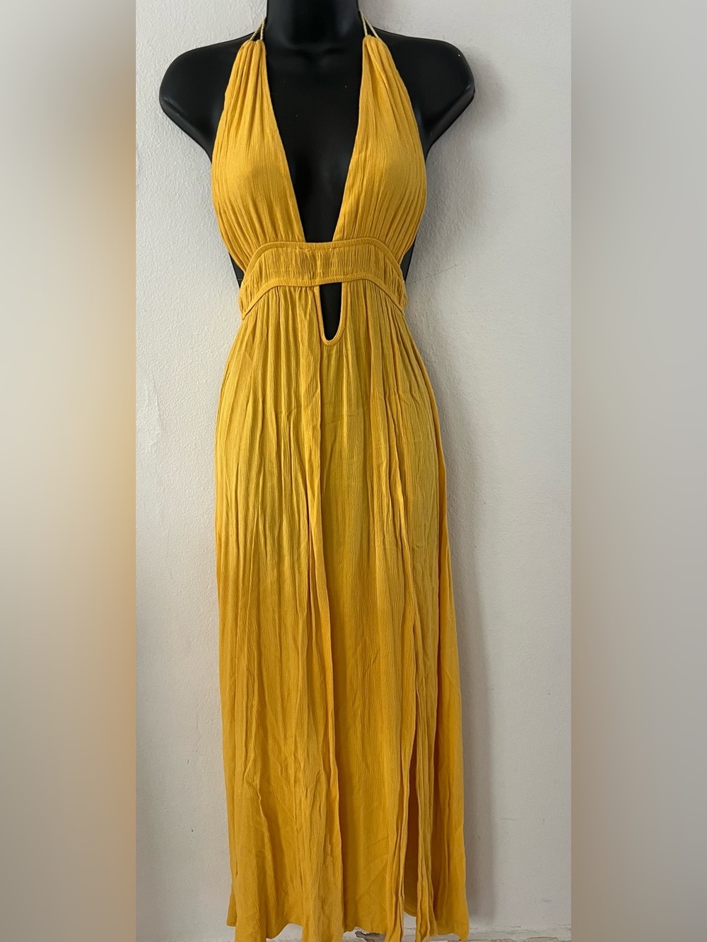Free People Mustard Yellow Halter Maxi Dress with Plunging V-Neck